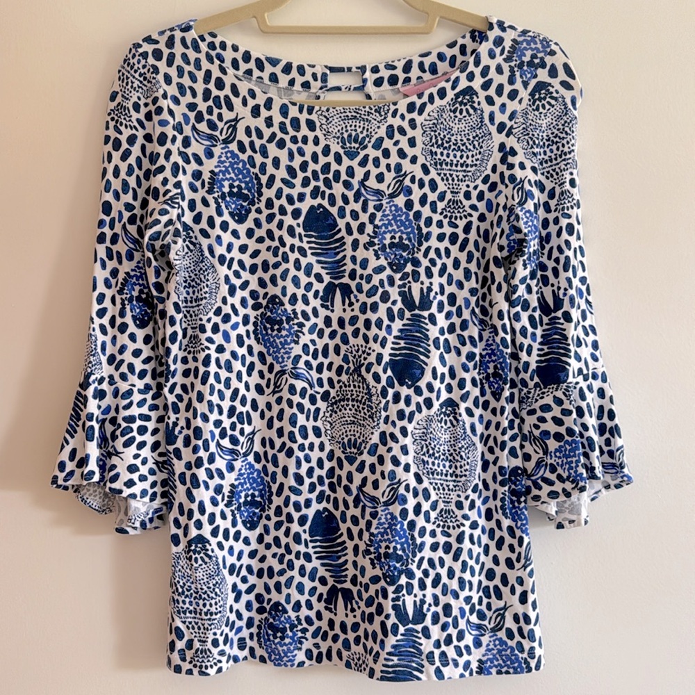 Lilly Pulitzer Fontaine High Tide Navy Heart and Sole Fish Print Size XS